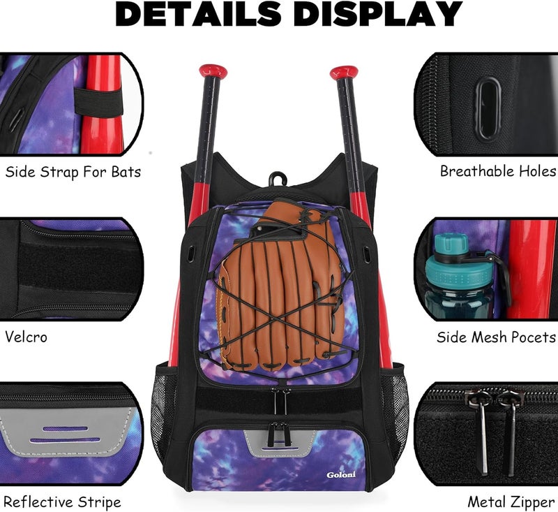 Goloni | Baseball Backpack,Baseball Bag for Adult,Softball Bat Bag with Shoes Compartment,Large Main Compartment for Helmet & accessories, Fence Hook - Image 2